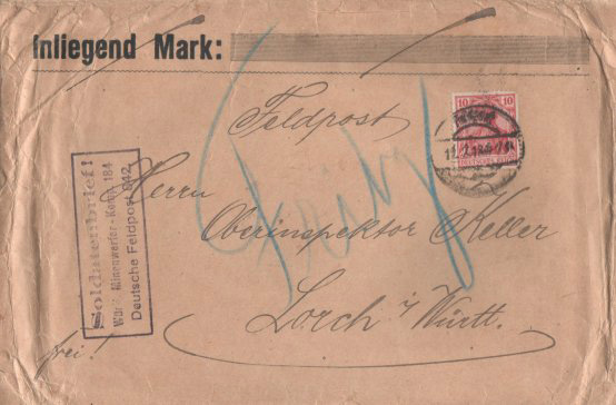 Württembergischer Feldpostbrief der aufgrund des höheren Gewichts nicht mehr portofrei befördert werden durfte und mit 10 Pfg. frankiert werden musste. Württembergischer Feldpostbrief der aufgrund des höheren Gewichts nicht mehr portofrei befördert werden durfte und mit 10 Pfg. frankiert werden musste.
